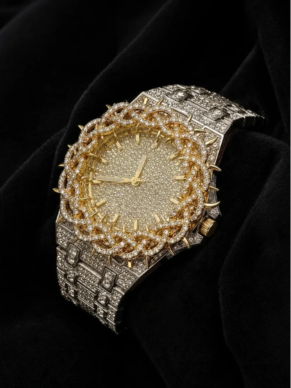 #598  45mm Luxury Iced Out Bling Chandelier Watch – Gold & Silver Tone